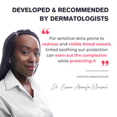 Woman with text about dermatologist-developed sun protection