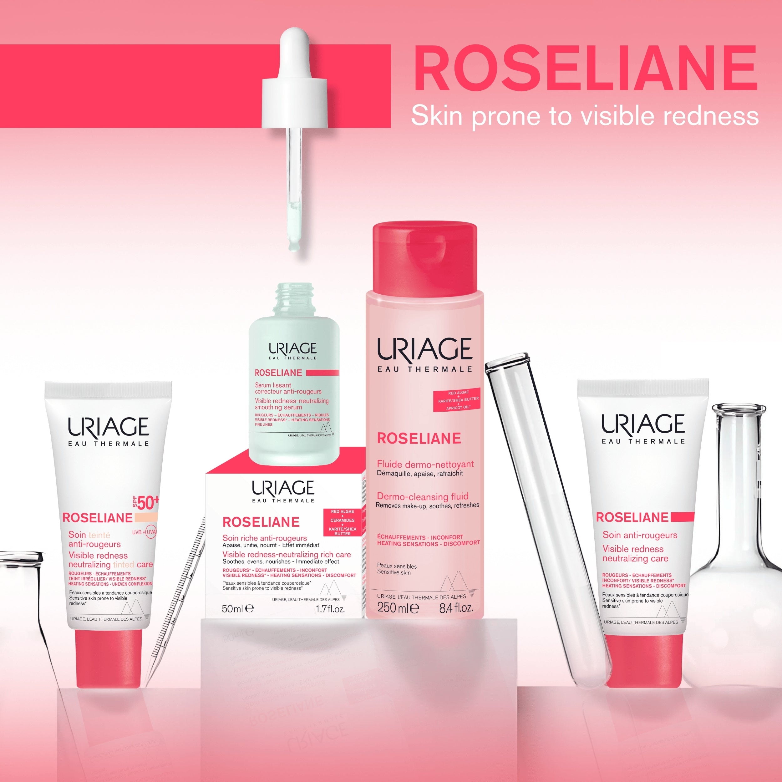 Uriage Roseliiane skincare products on a pink background