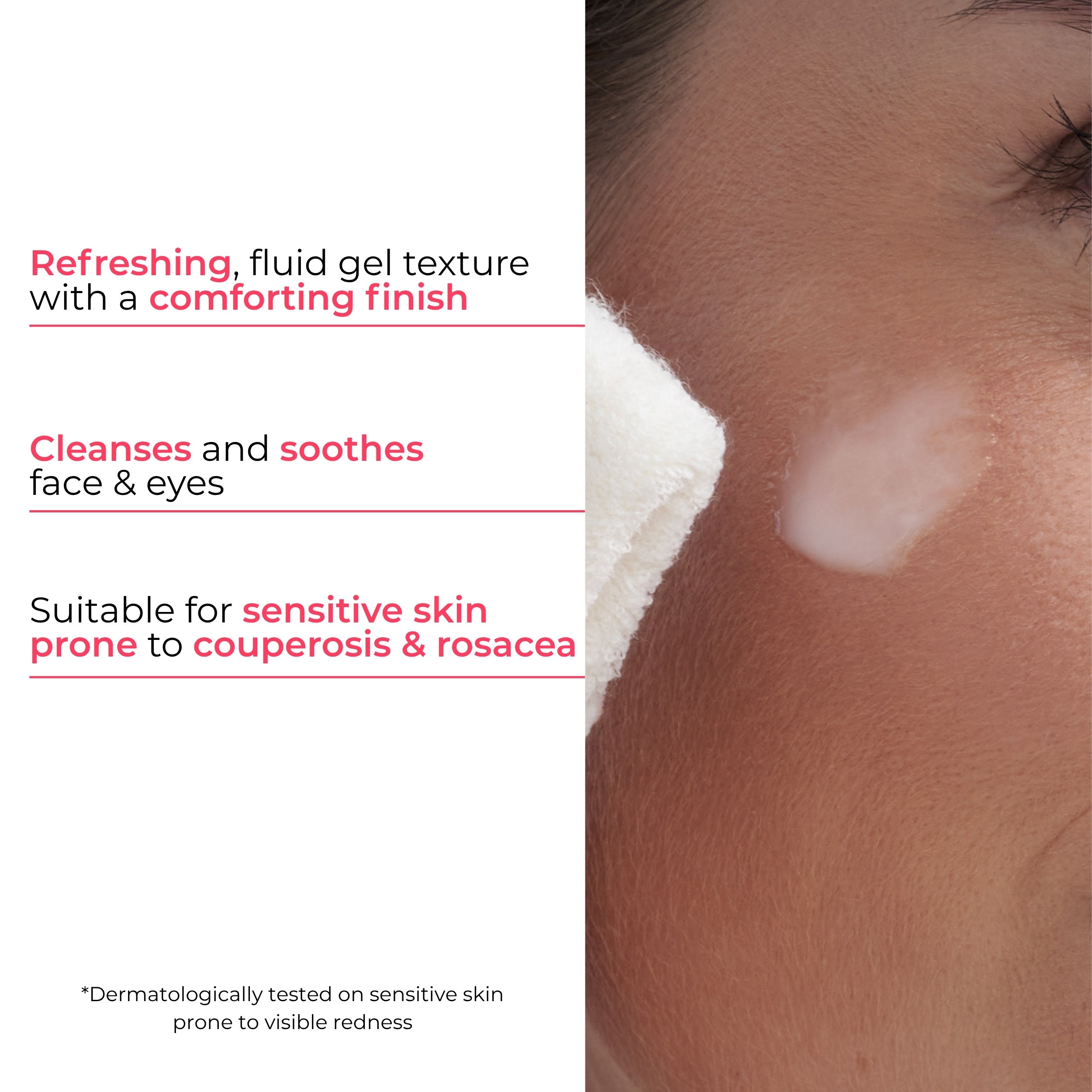 Product packaging with text about a refreshing fluid gel texture and its benefits for sensitive skin.