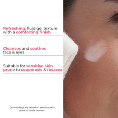 Product packaging with text about a refreshing fluid gel texture and its benefits for sensitive skin.