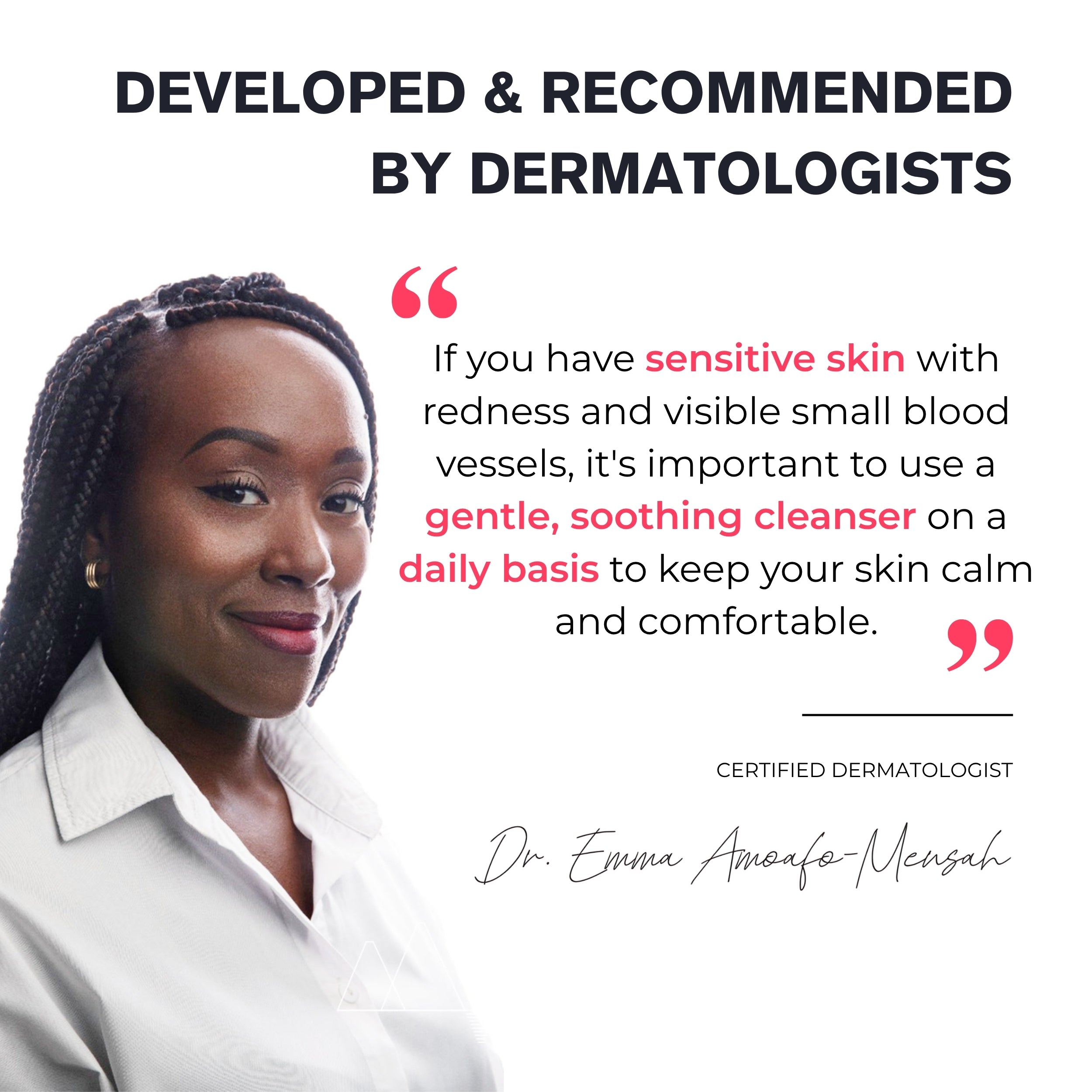 Woman with text about sensitive skin and a dermatologist's recommendation on a white background