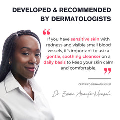 Woman with text about sensitive skin and a dermatologist's recommendation on a white background
