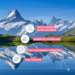 Mountain landscape with a lake and dermatologist icons with text about product benefits.