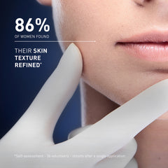 Close-up of a person using a skincare tool with text about skin texture refinement.