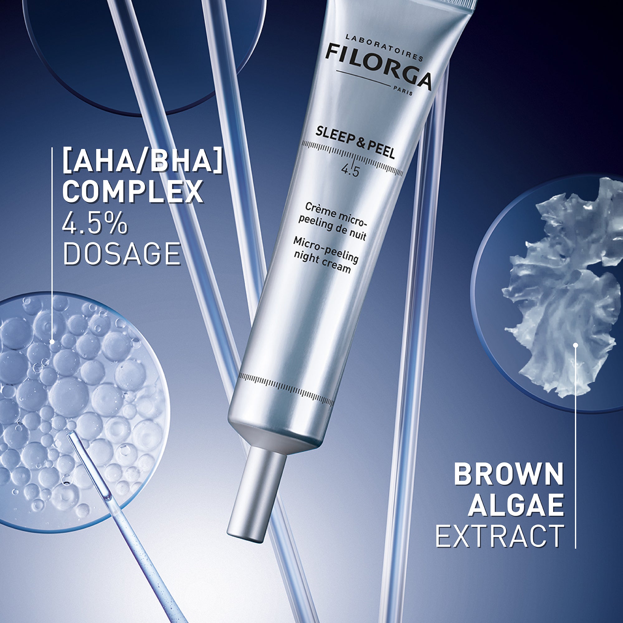 Filorga skincare product with text detailing ingredients on a blue background