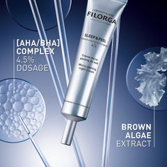 Filorga skincare product with text detailing ingredients on a blue background