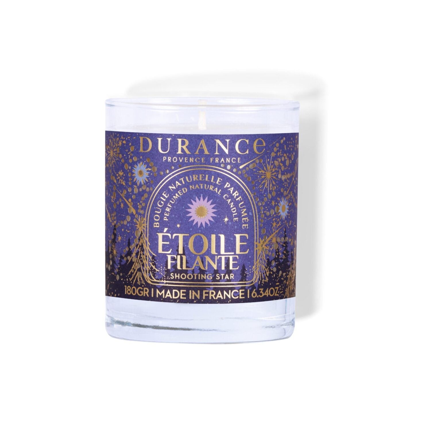 Candle with a purple label featuring the brand 'Durance' on a white background