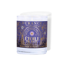 Candle with a purple label featuring the brand 'Durance' on a white background