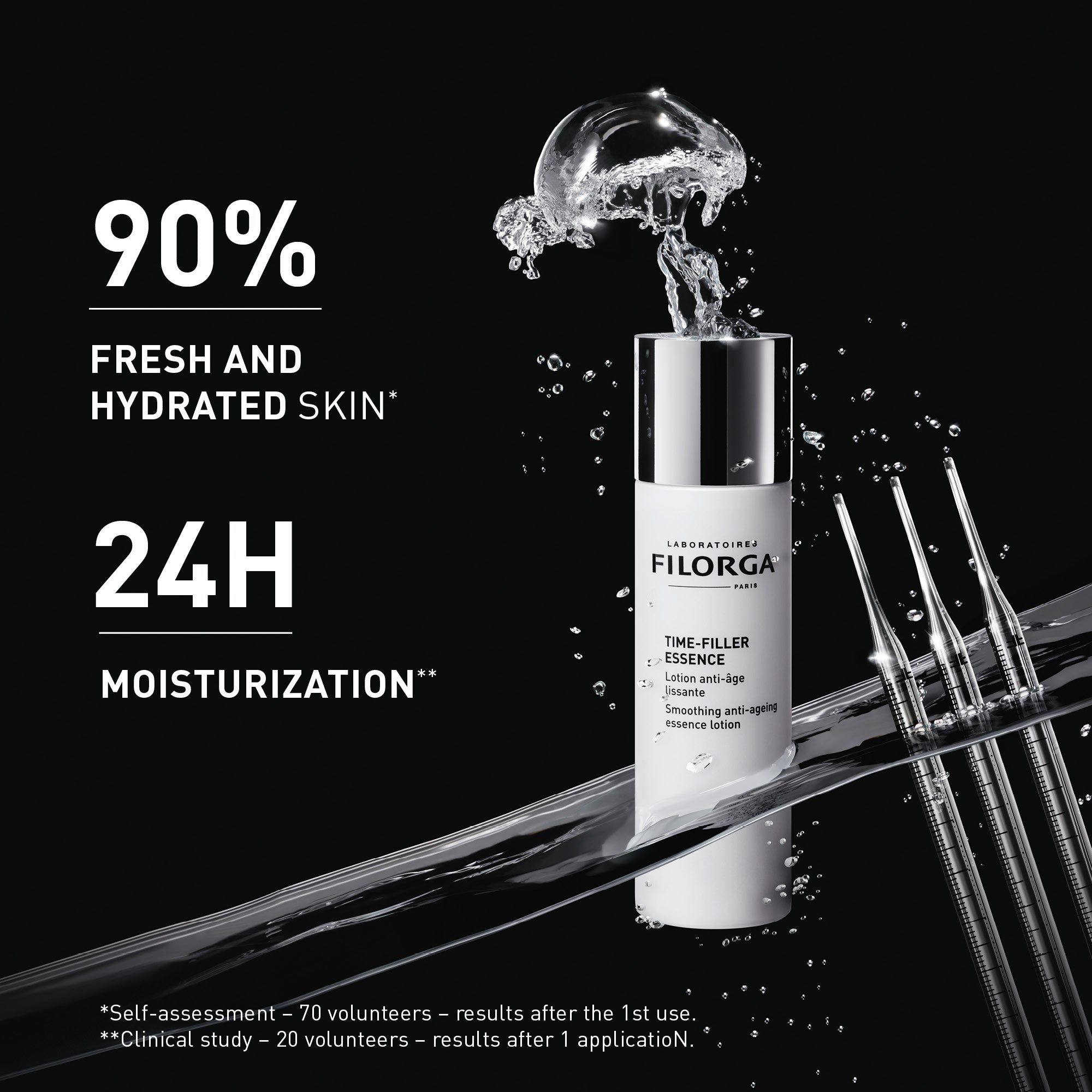 Skincare product with water droplets and text on a black background