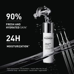 Skincare product with water droplets and text on a black background