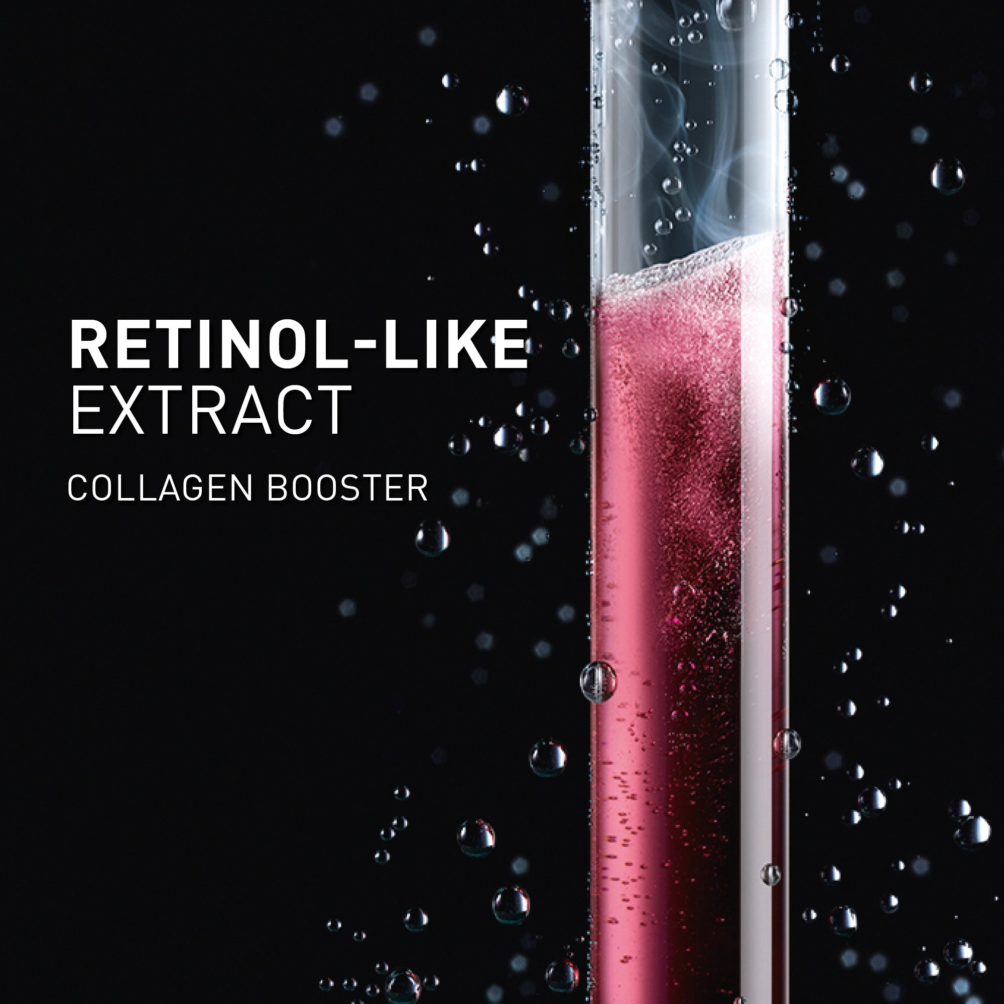 Test tube with red liquid labeled 'Retinol-like Extract Collagen Booster' on a black background