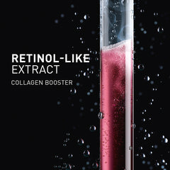 Test tube with red liquid labeled 'Retinol-like Extract Collagen Booster' on a black background