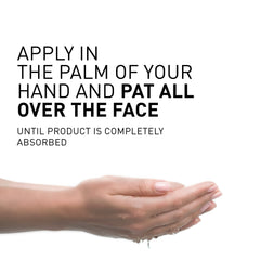 Hand with product on palm and text instructions on a white background