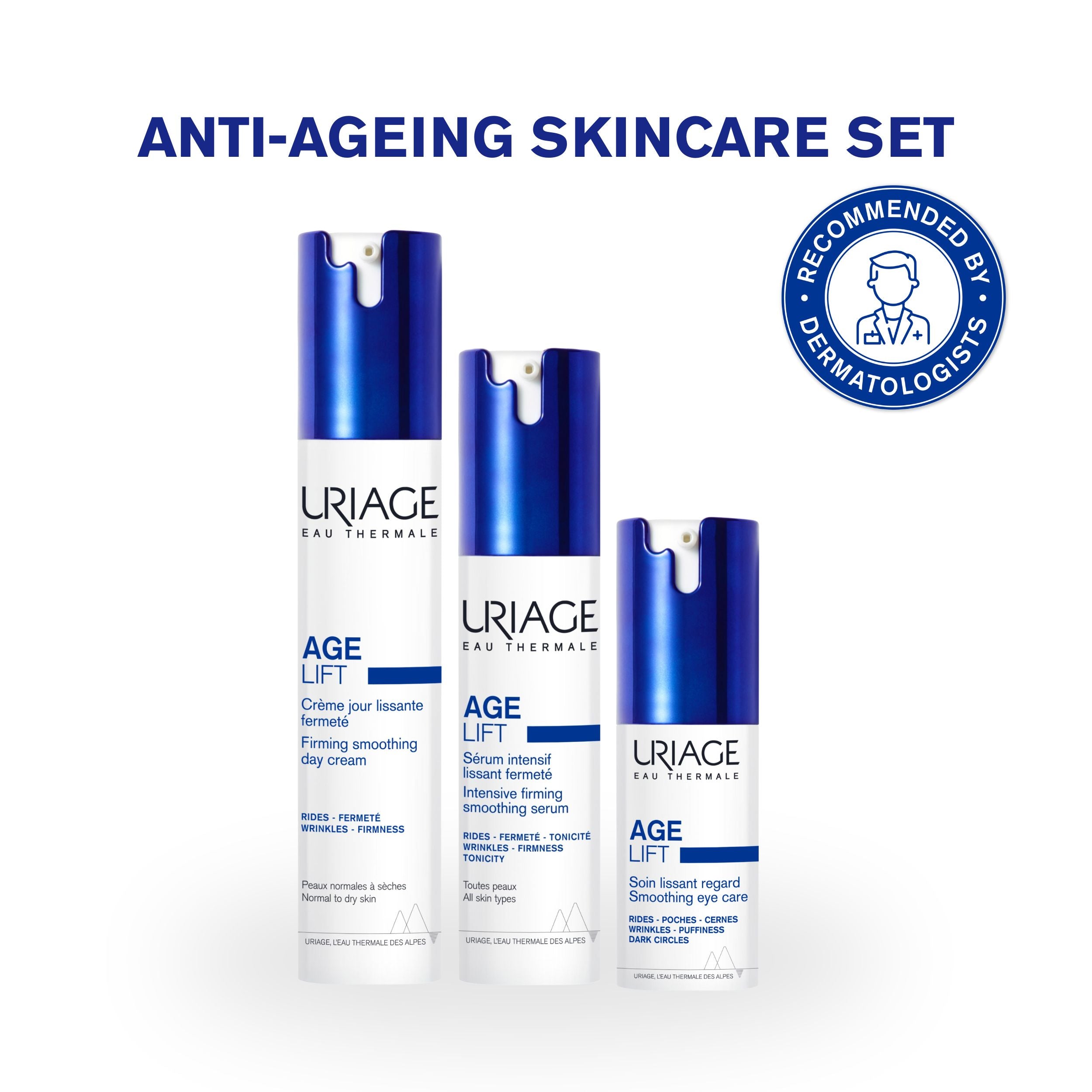 Anti-ageing skincare set with Uriage products on a white background