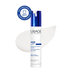 Uriage Age Lift skincare bottle with dermatologist recommendation badge on a white background