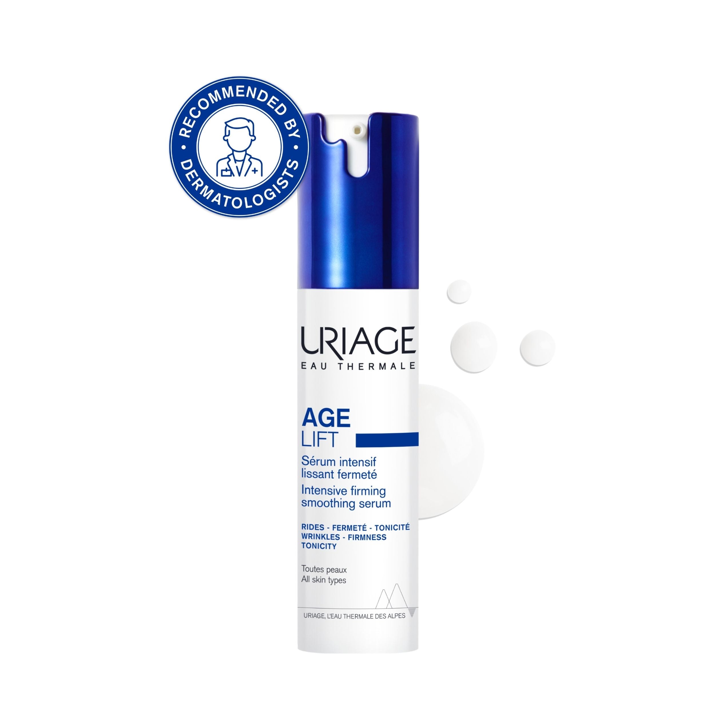 Uriage Age Lift serum bottle with blue cap on a white background