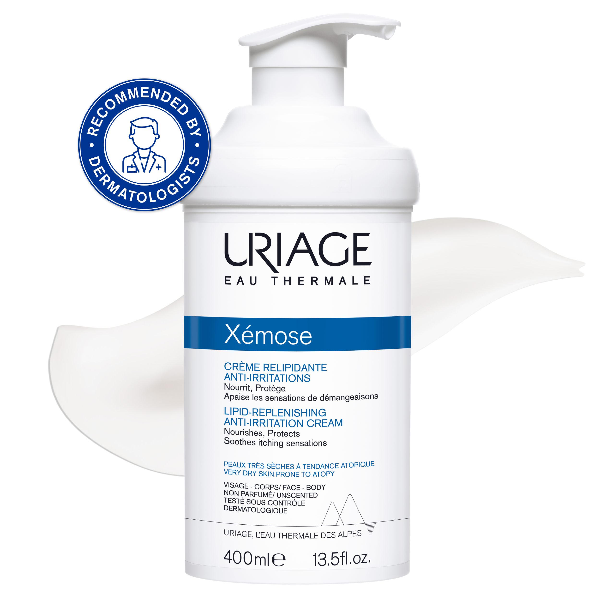 Uriage Xémose cream bottle with pump on a white background