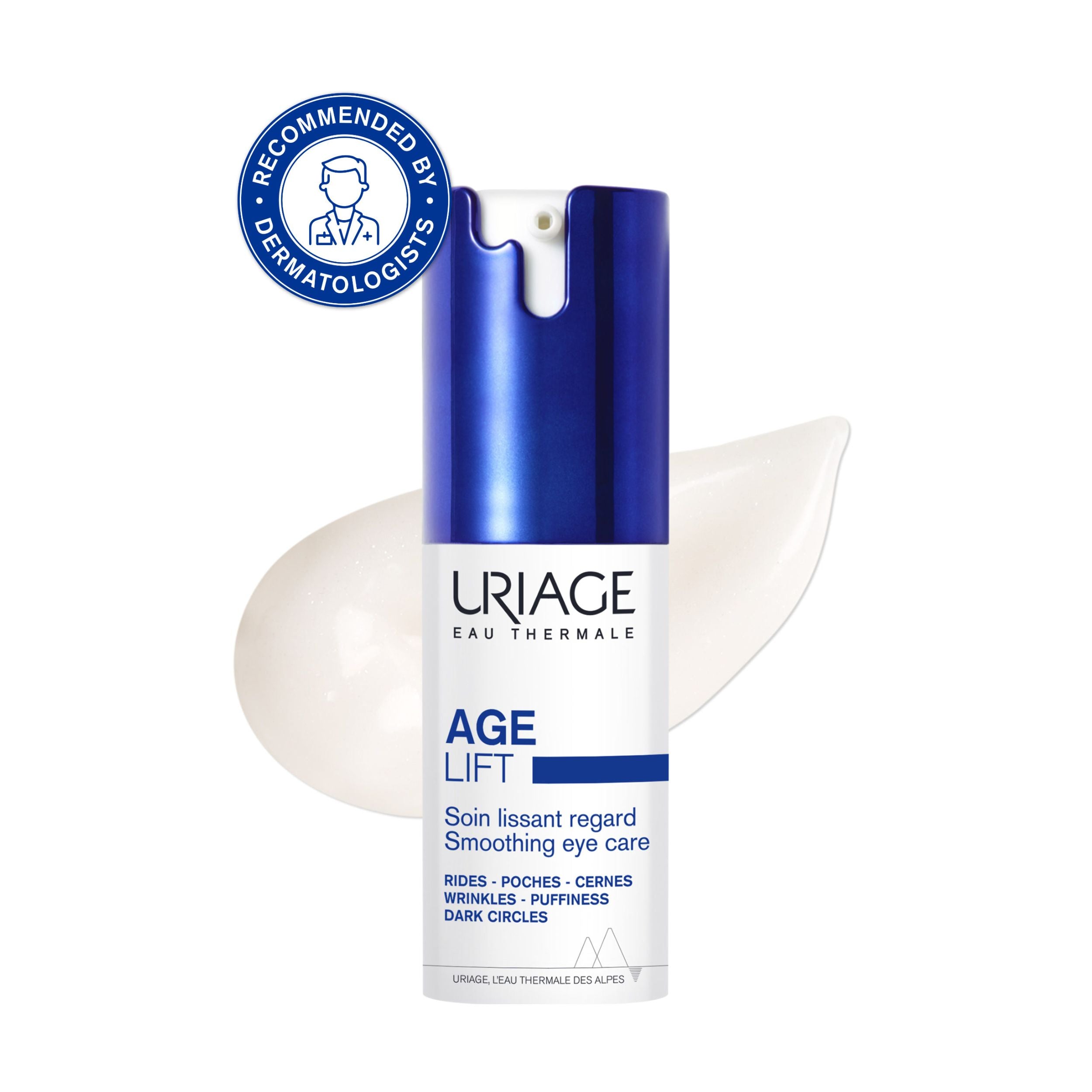 Uriage Age Lift eye care product with dermatologist recommendation badge on a white background