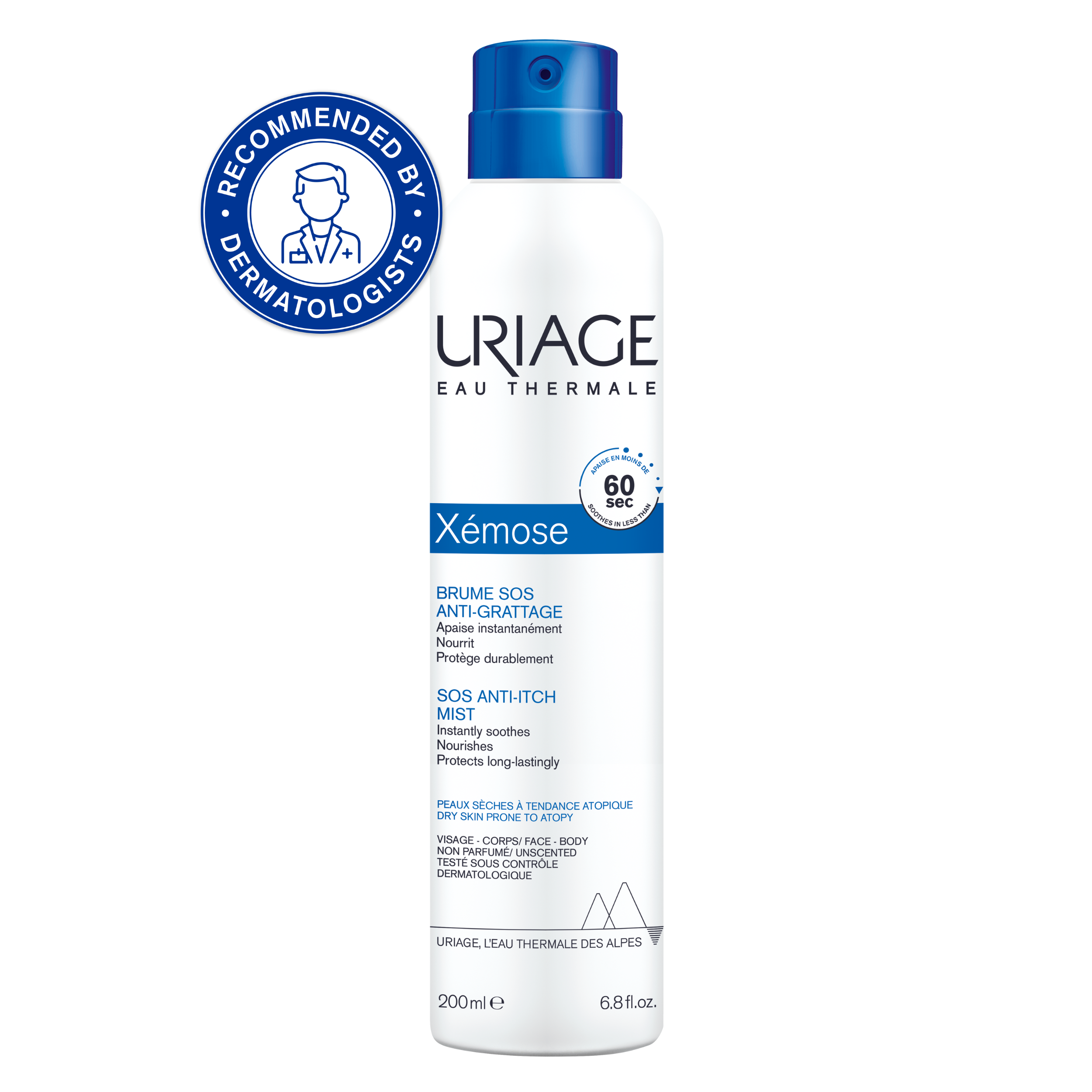 Uriage Xémose SOS Anti-Itch mist bottle on a white background
