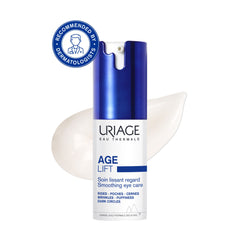 Uriage Age Lift eye care product with dermatologist recommendation badge on a white background
