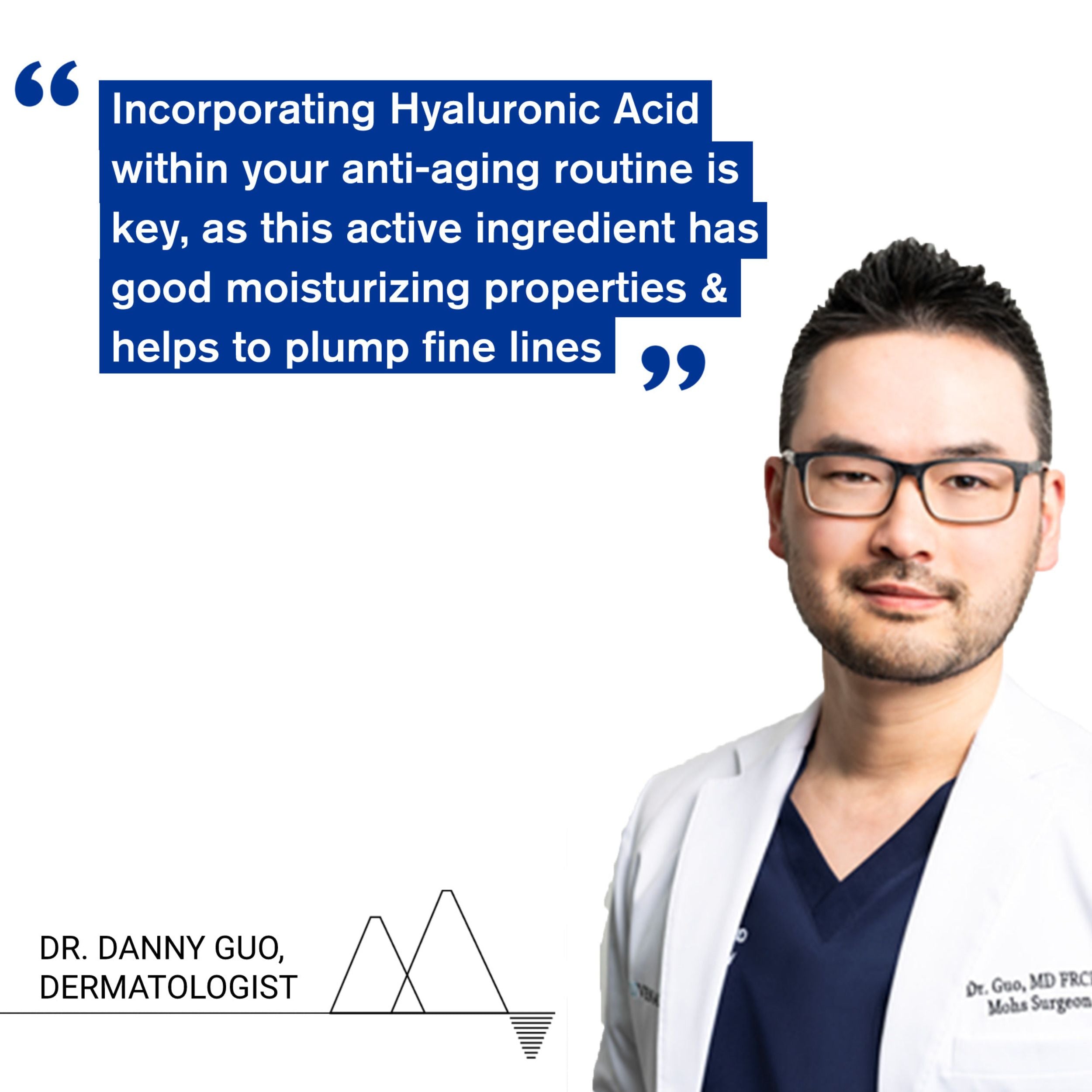 Dermatologist Dr. Danny Guo with a quote about hyaluronic acid in anti-aging skincare.