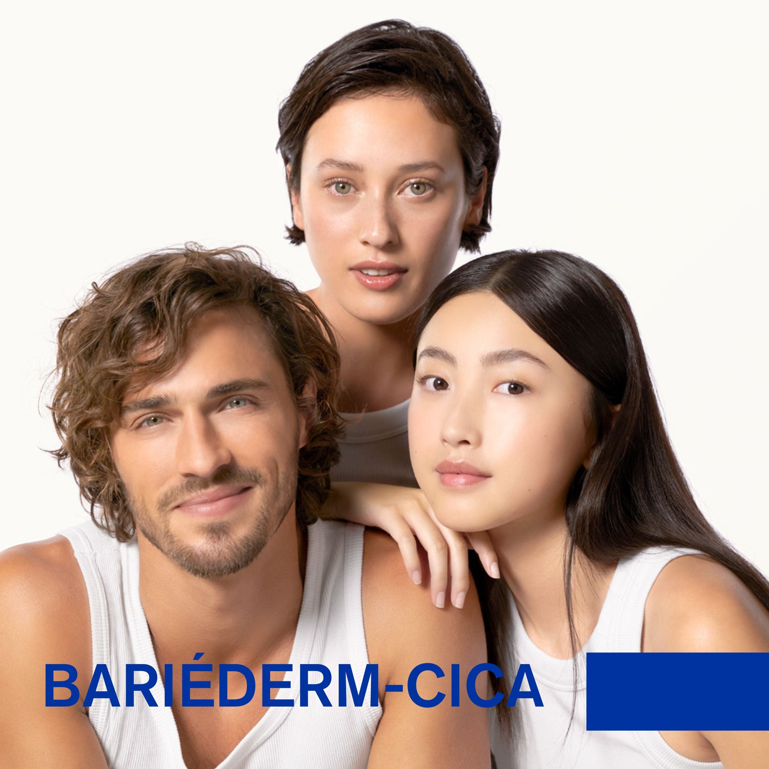 Three people posing together with Bariéderm-Cica branding on a white background