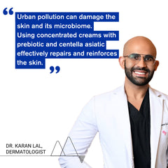 Dermatologist Dr. Karan Lal with a quote about urban pollution and skin care solutions on a white background.