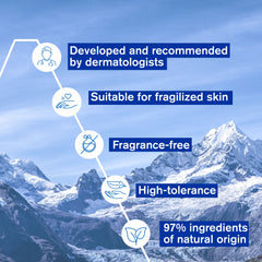 Mountainous landscape with product features text overlay on a blue sky background