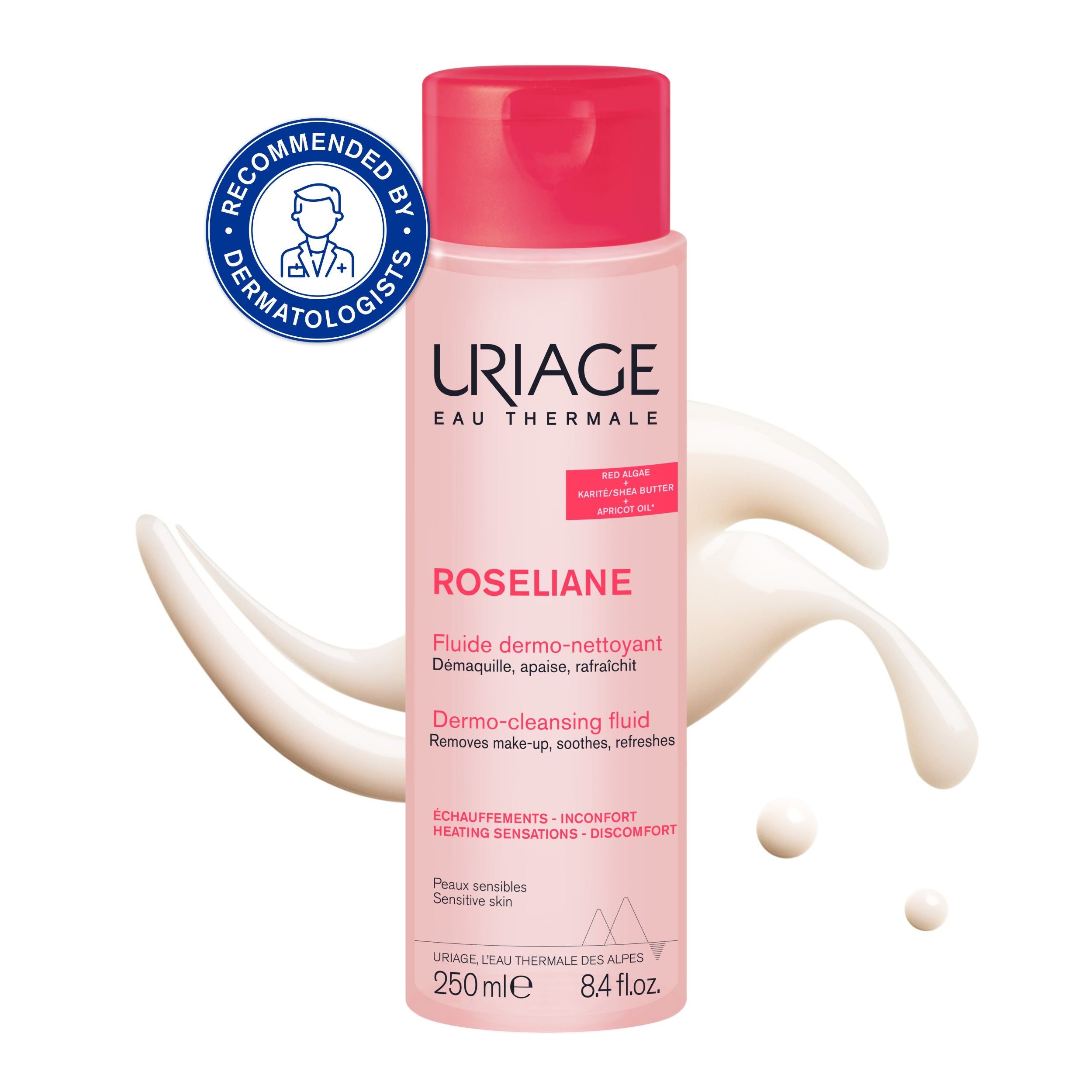 Uriage Roseliane dermo-cleansing fluid bottle with pink cap on a white background