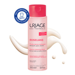 Uriage Roseliane dermo-cleansing fluid bottle with pink cap on a white background