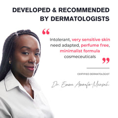 Woman with text about dermatologist-developed skincare products on a white background
