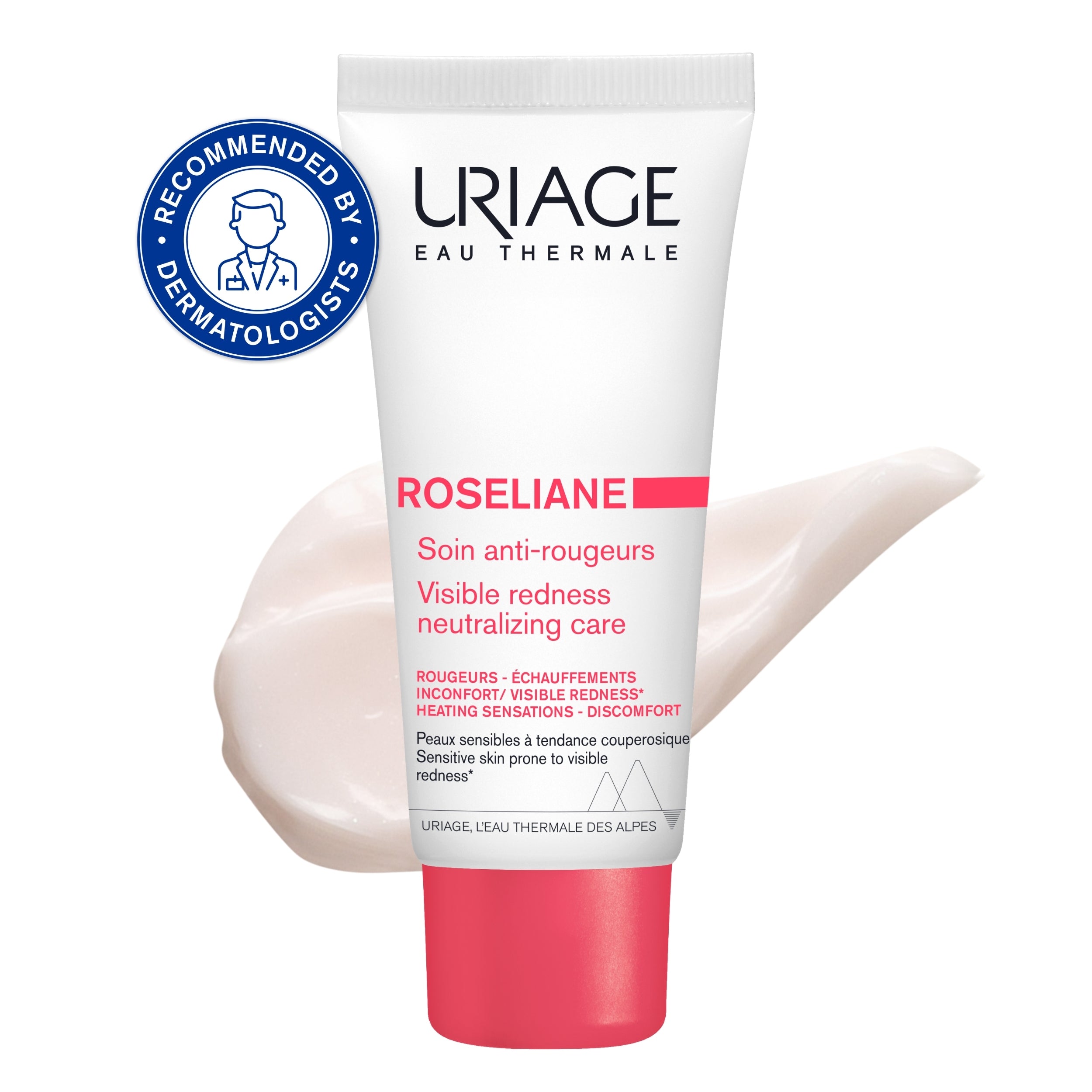 Uriage Rosелиane cream tube with visible redness neutralizing care text on a white background