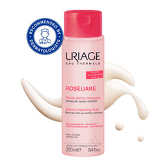 Uriage Roseliane dermo-cleansing fluid bottle with pink cap on a white background