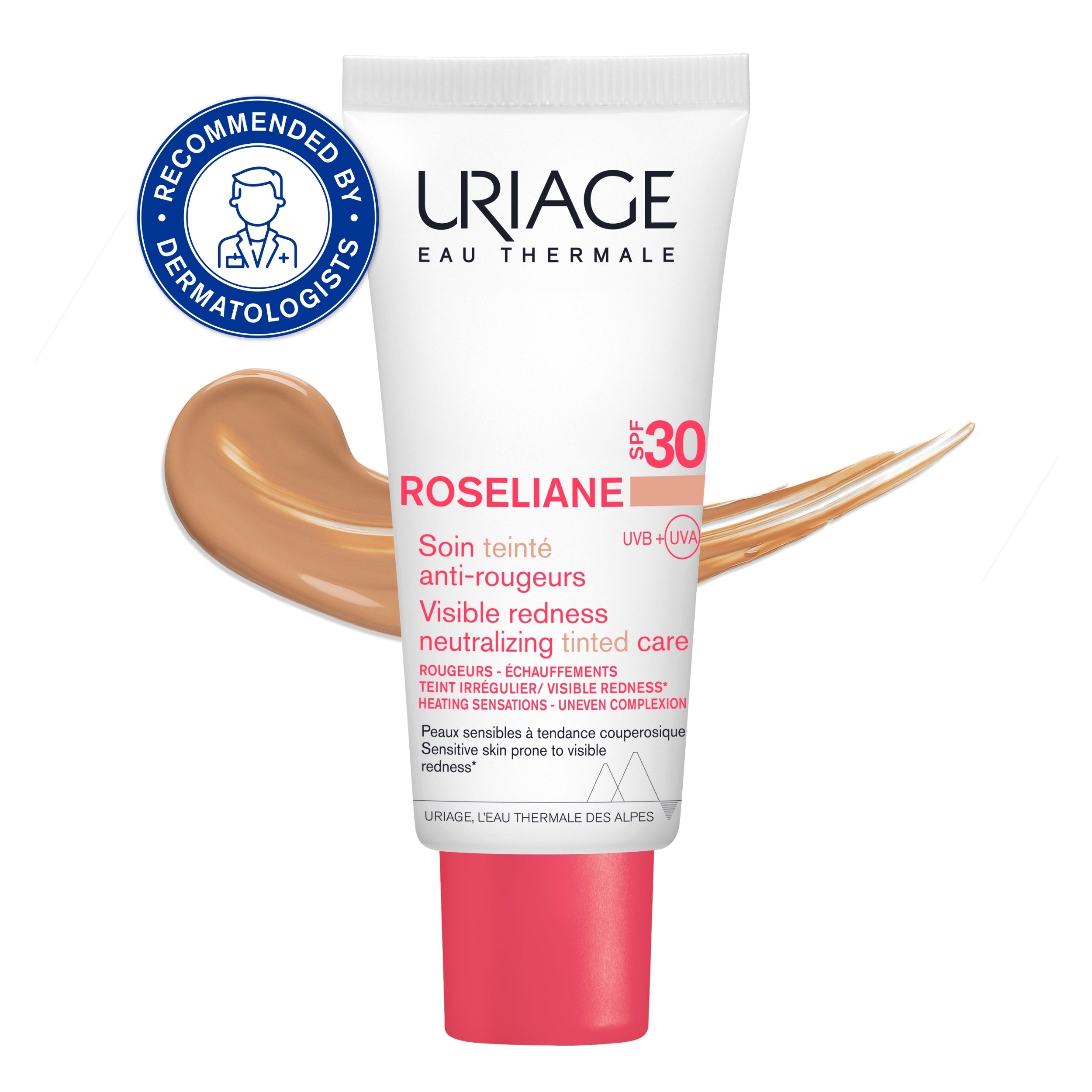 Uriage Roseliane visible redness neutralizing tinted care SPF30 with dermatologist recommendation badge on a white background