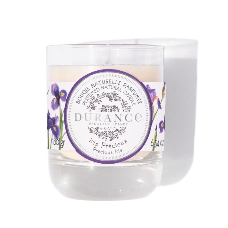 Durance candle with a purple label and floral design on a white background