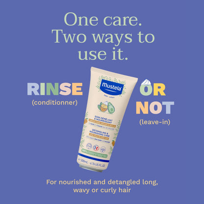 Mustela hair care product with 'Rinse' and 'Or Not' text on a blue background