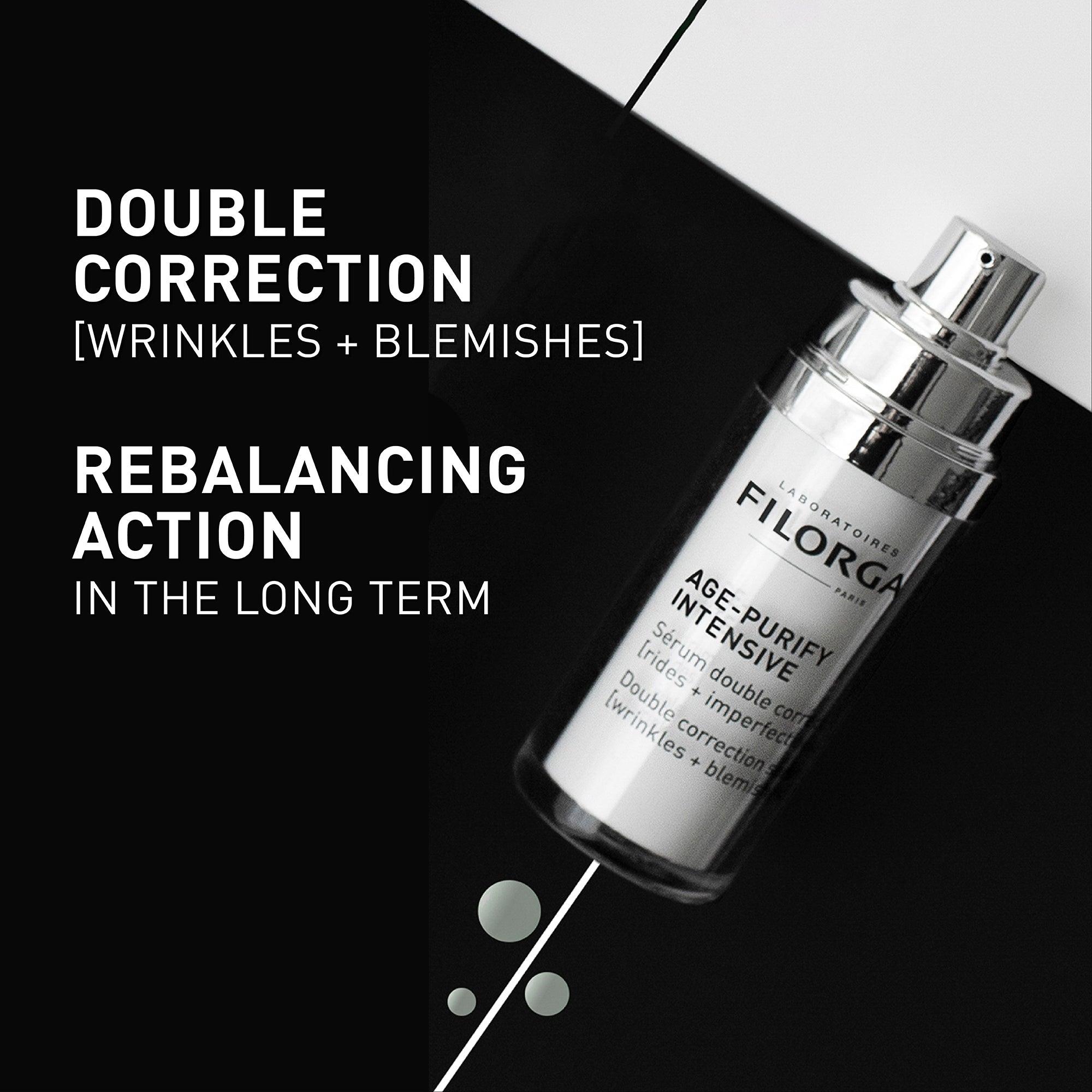 Filorga serum bottle with text on a black and white background