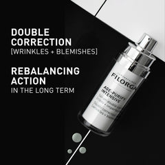 Filorga serum bottle with text on a black and white background