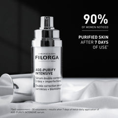 Filorga serum bottle with promotional text on a black and white background