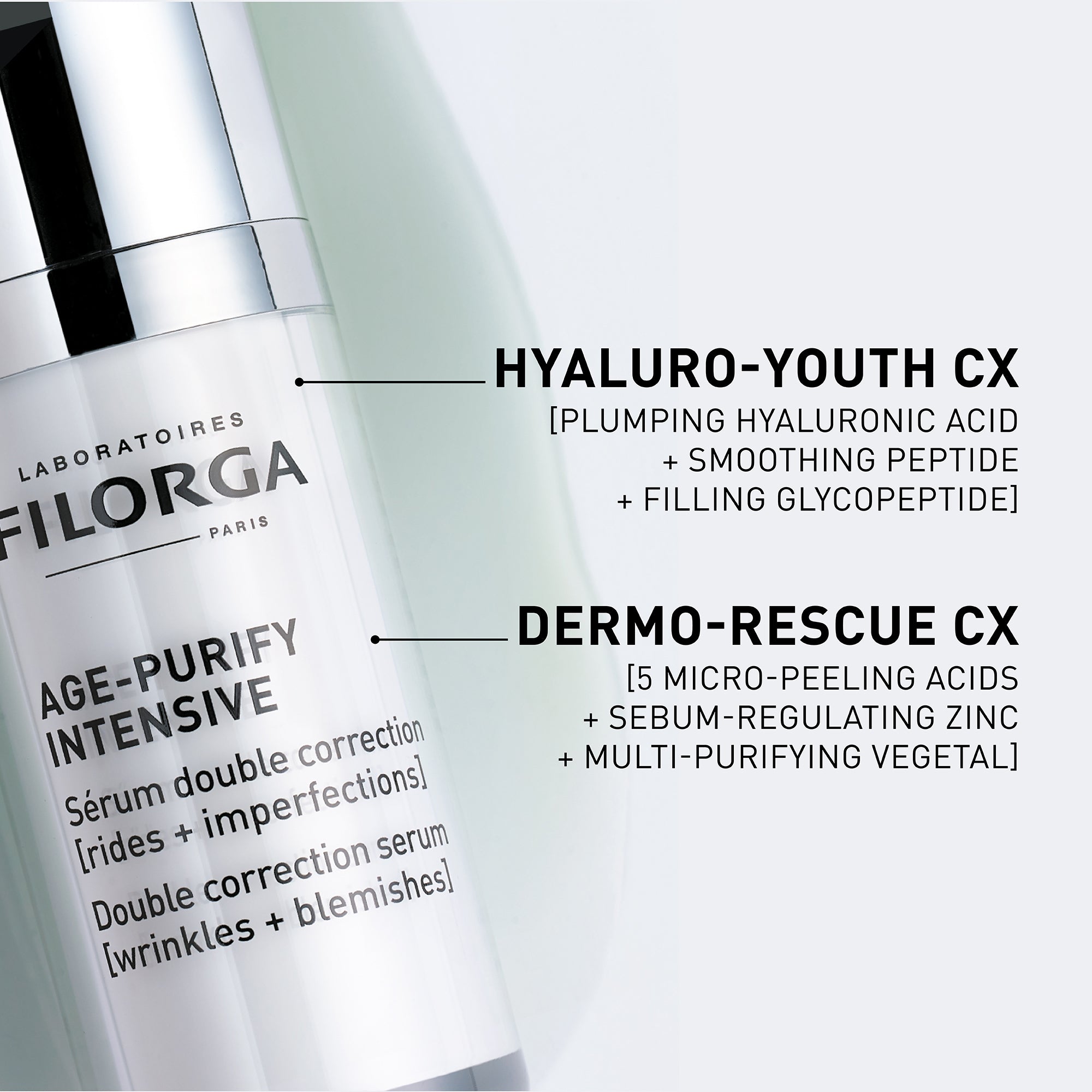 Filorga skincare serum with product names and ingredients on a white background