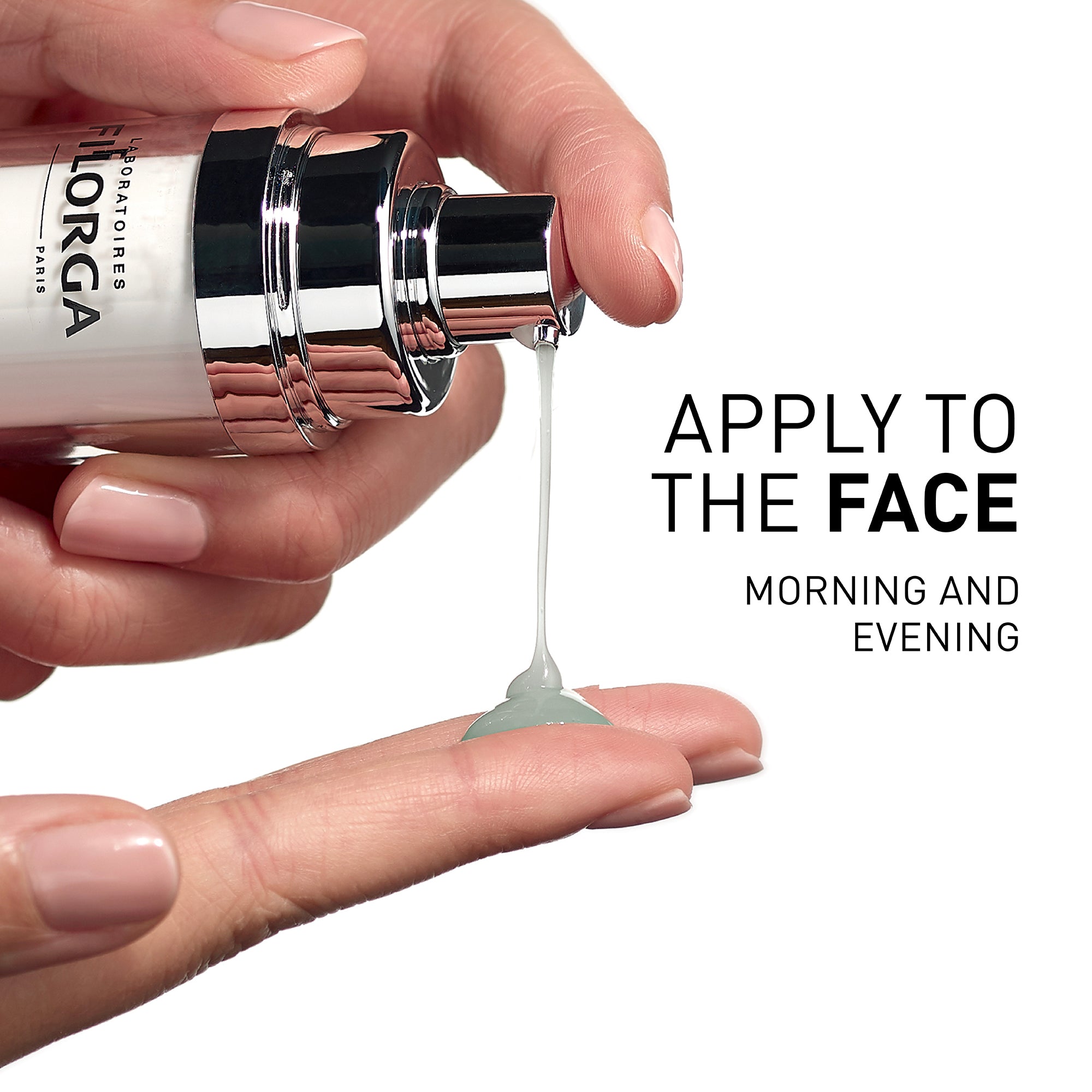 Hand holding a skincare bottle with product being applied to the palm, text 'APPLY TO THE FACE MORNING AND EVENING' on a white background.