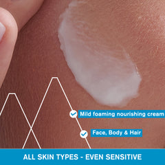 Mild foaming nourishing cream applied to skin with text indicating its use on face, body, and hair.