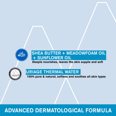 Product label with Uriage branding and ingredients on a light blue background