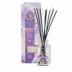 Diffuser with black sticks and purple packaging on a white background