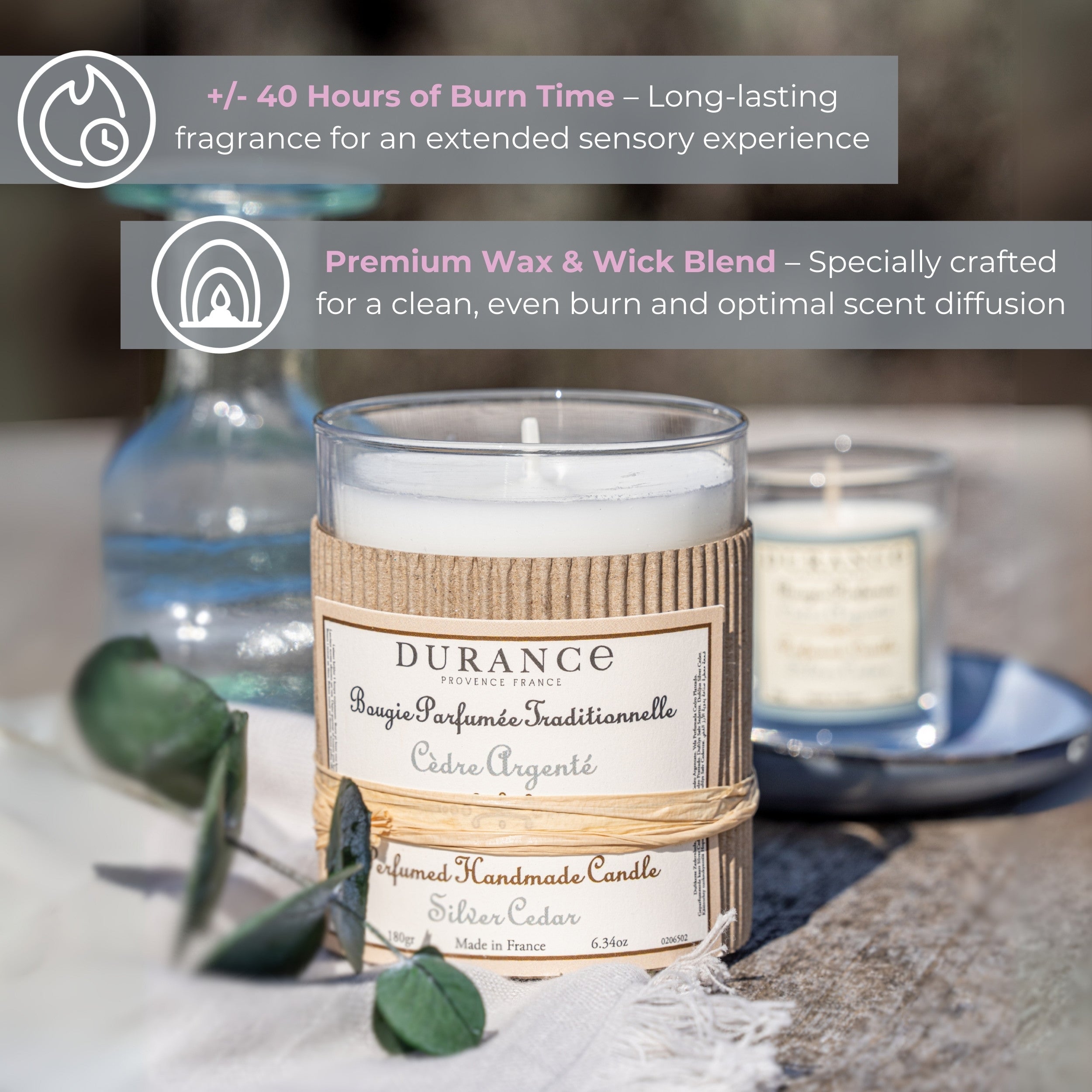 Durance Perfumed Handmade Candle 180g Silver Cedar features
