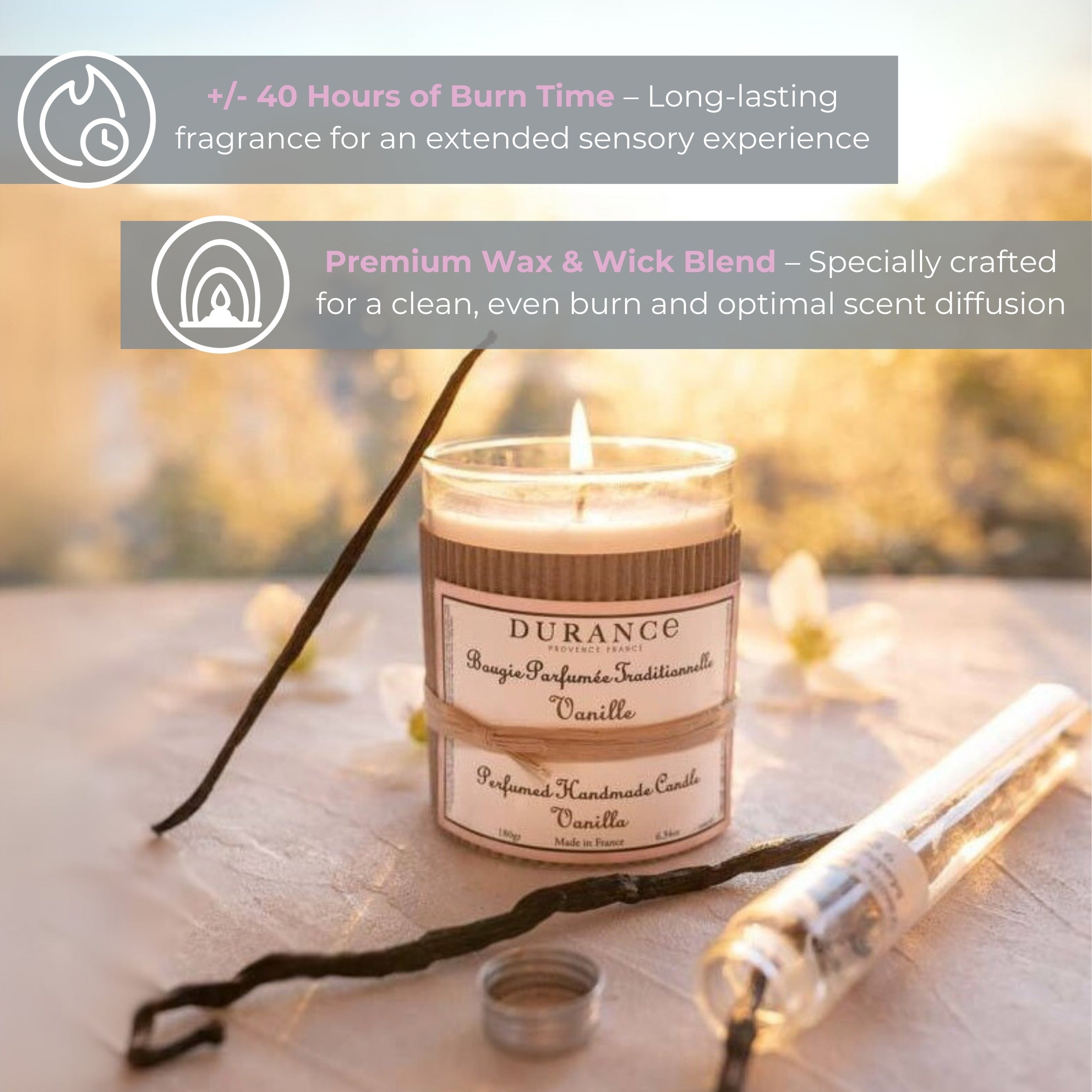 Durance Perfumed Handmade Candle 180g Vanilla Gourmet features

