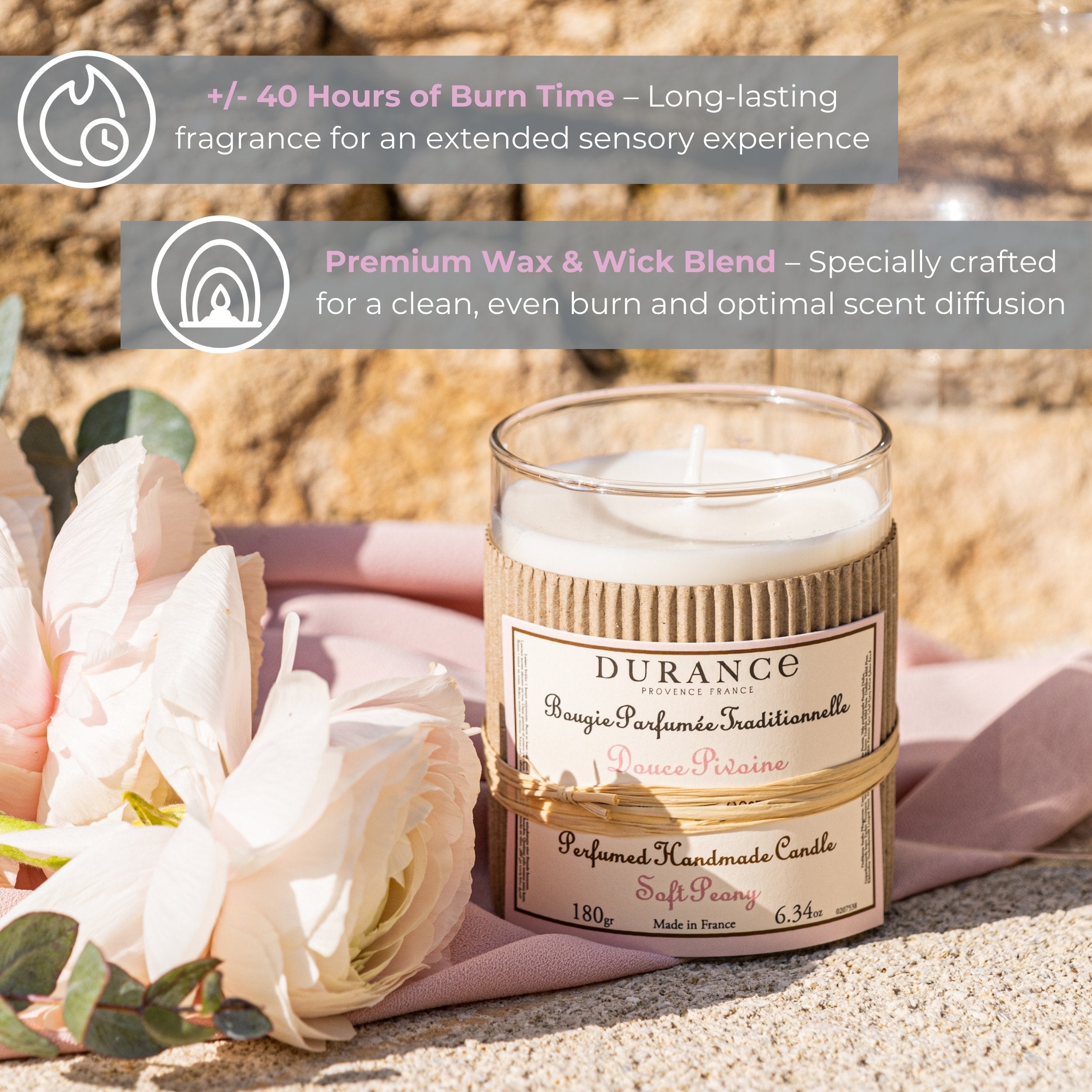 Durance Perfumed handmad 180g Soft peony Candle Key features
