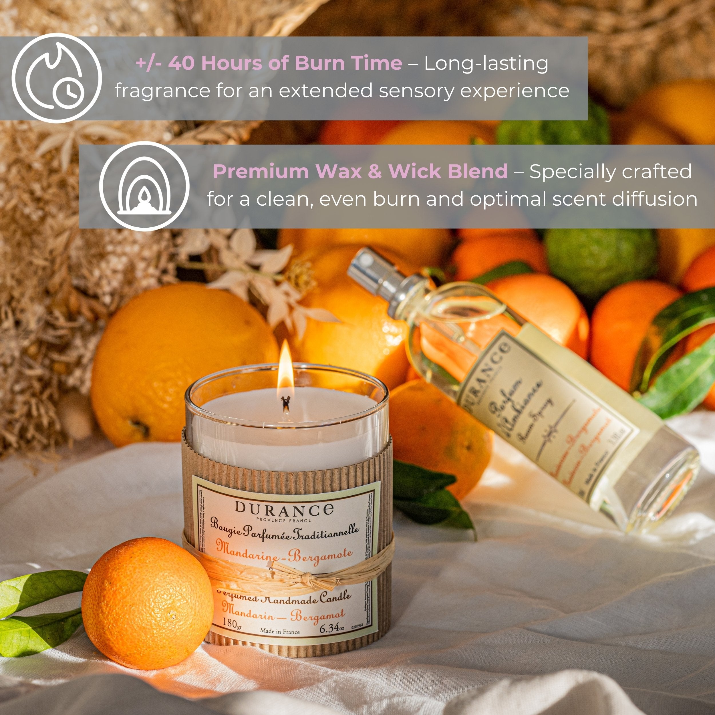 Durance Perfumed handmade Candle 180g Mandarin - Bergamot key features
