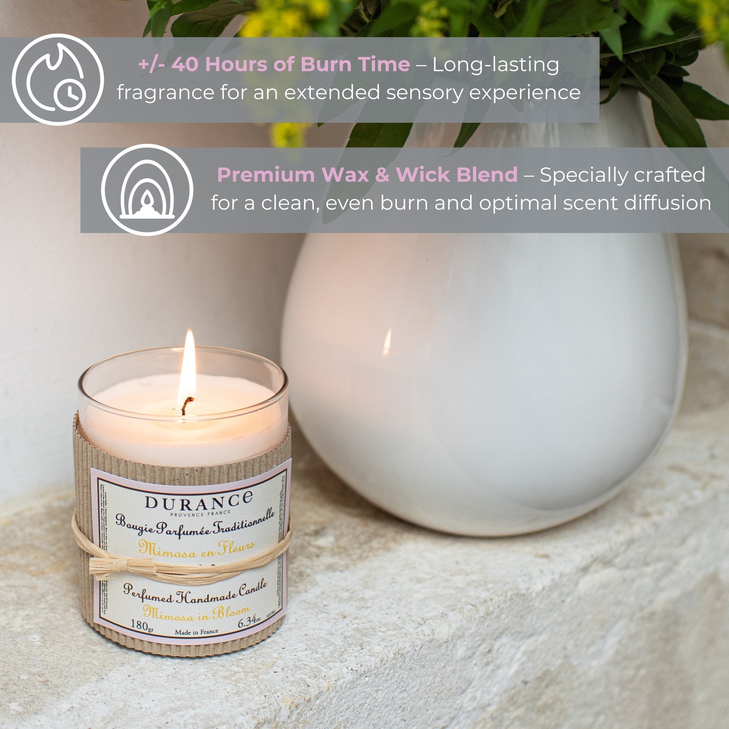 Durance Perfumed handmade Candle 180g Mimosa Candle Key features
