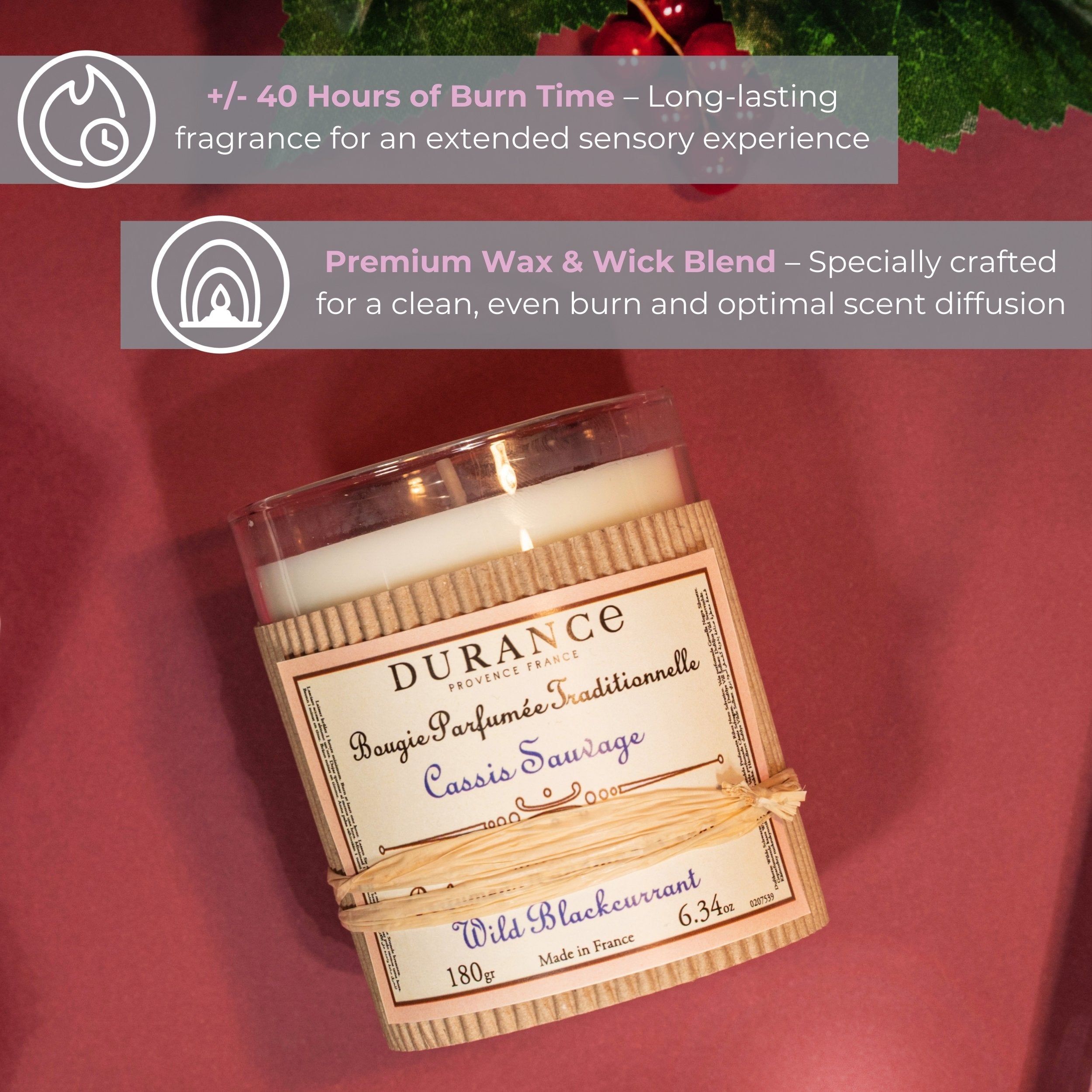 Durance Perfumed handmade Candle 180g Wild blackcurrant Key features
